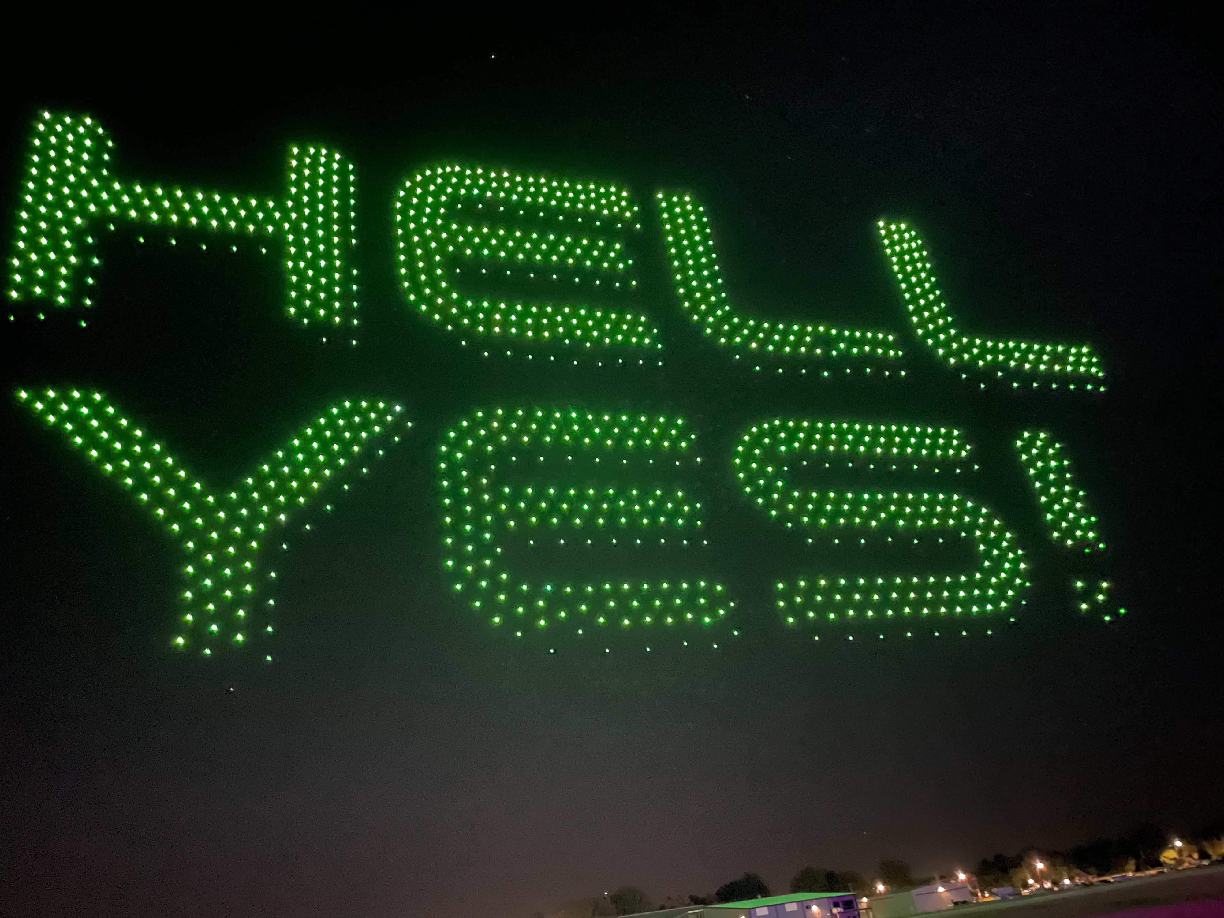 Drones spell out the tagline of UP.Ventures cofounder Cyrus Sigari, who's always ready to say "Hell Yes!" to a good idea that advances mobility. Photo by Tom Haines.