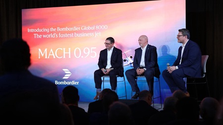 Bombardier President and CEO Éric Martel announced the new business jet speed record with Senior Vice President Stephen McCullough and Senior Director of Communications Mark Masluch at the National Business Aviation Association Business Aviation Convention and Exhibition. Photo courtesy of Bombardier.