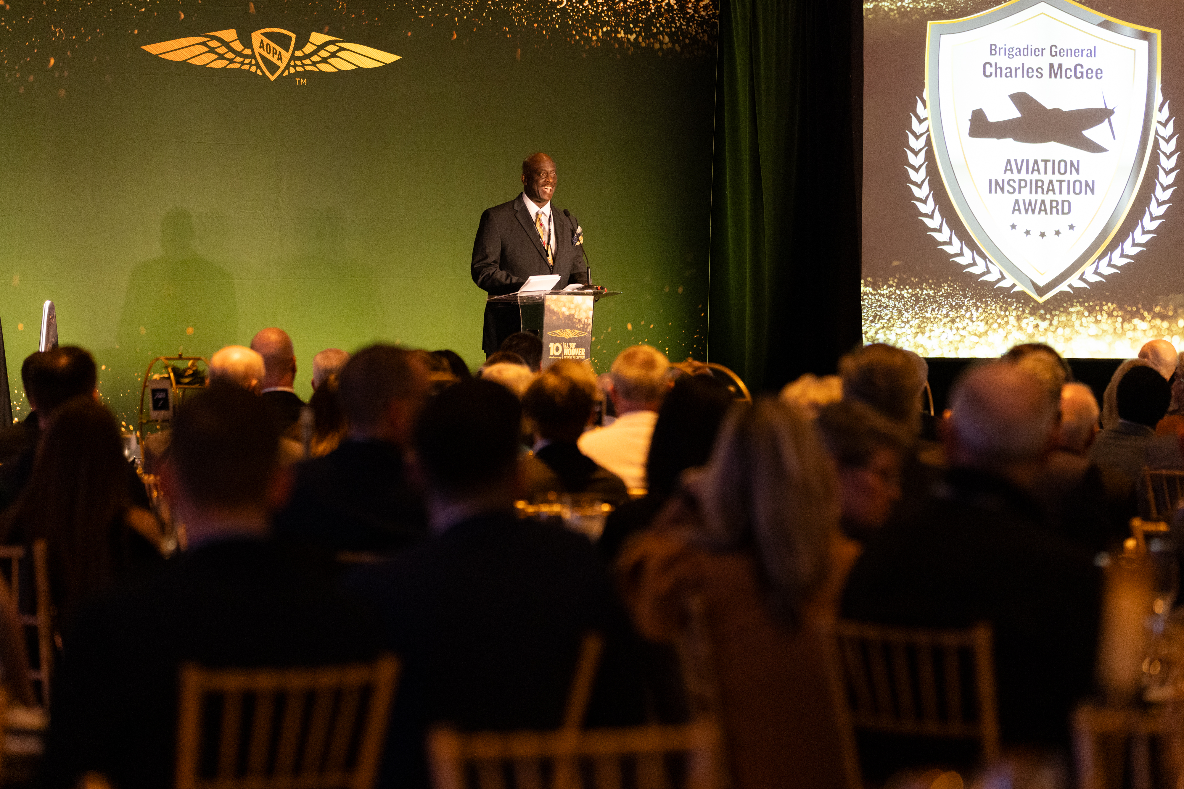 Glendon Fraser accepted the Brigadier General Charles E. McGee Aviation Inspiration Award. Photo by Rebecca Boone.