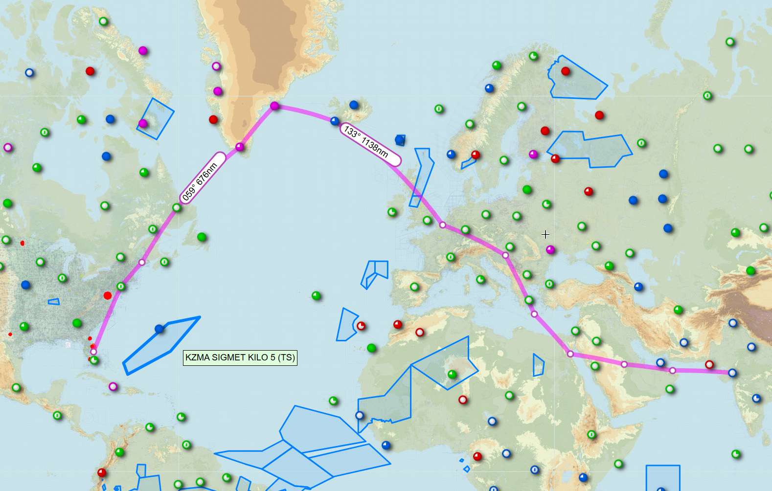 The ferry flight's planned route skirted the southern edge of the Persian Gulf. Image courtesy of Sam Rutherford (@neophile.me). 