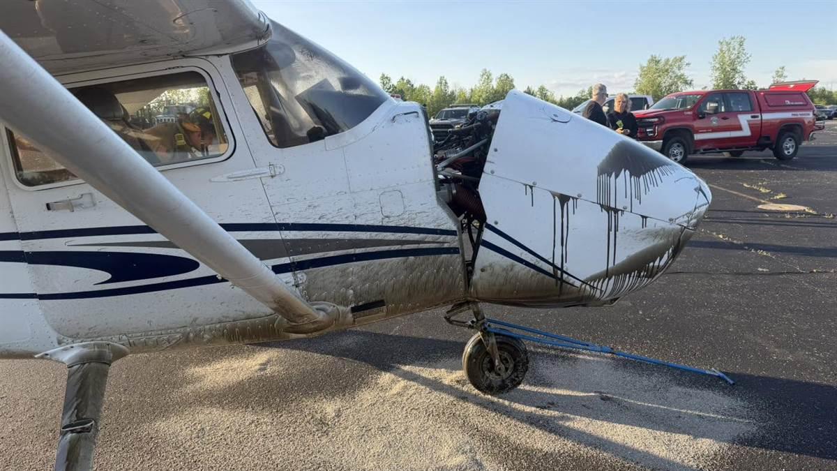 The aftermath of a propeller separation that forced a flight instructor giving a student's first lesson to make an emergency landing on May 28 near Rochester, New York. Photo courtesy of the Brockport Fire District.
