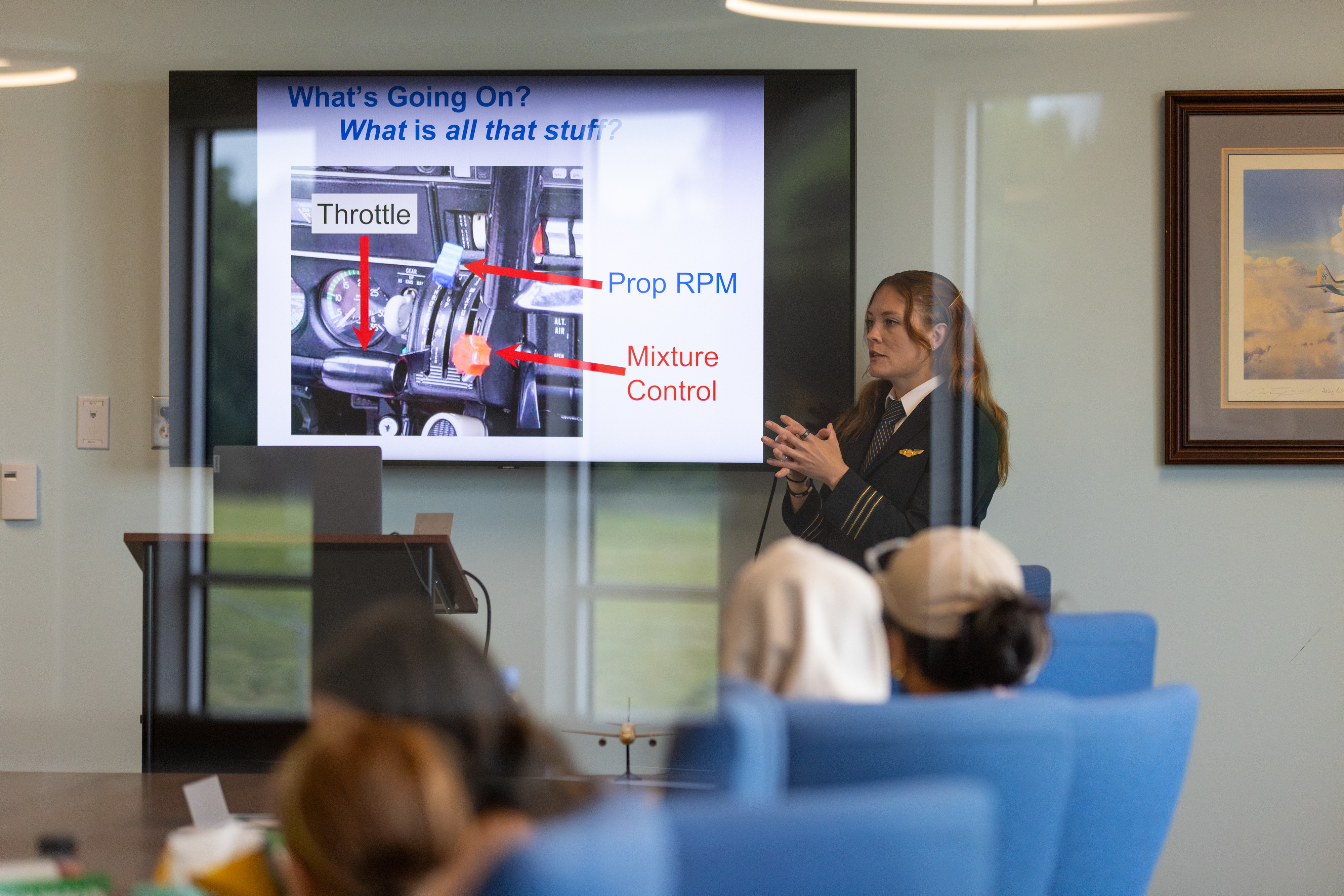Boeing 747 First Officer Claire Schindler led preflight safety briefings for attendees prior to their first flight. Photo by Rebecca Boone.