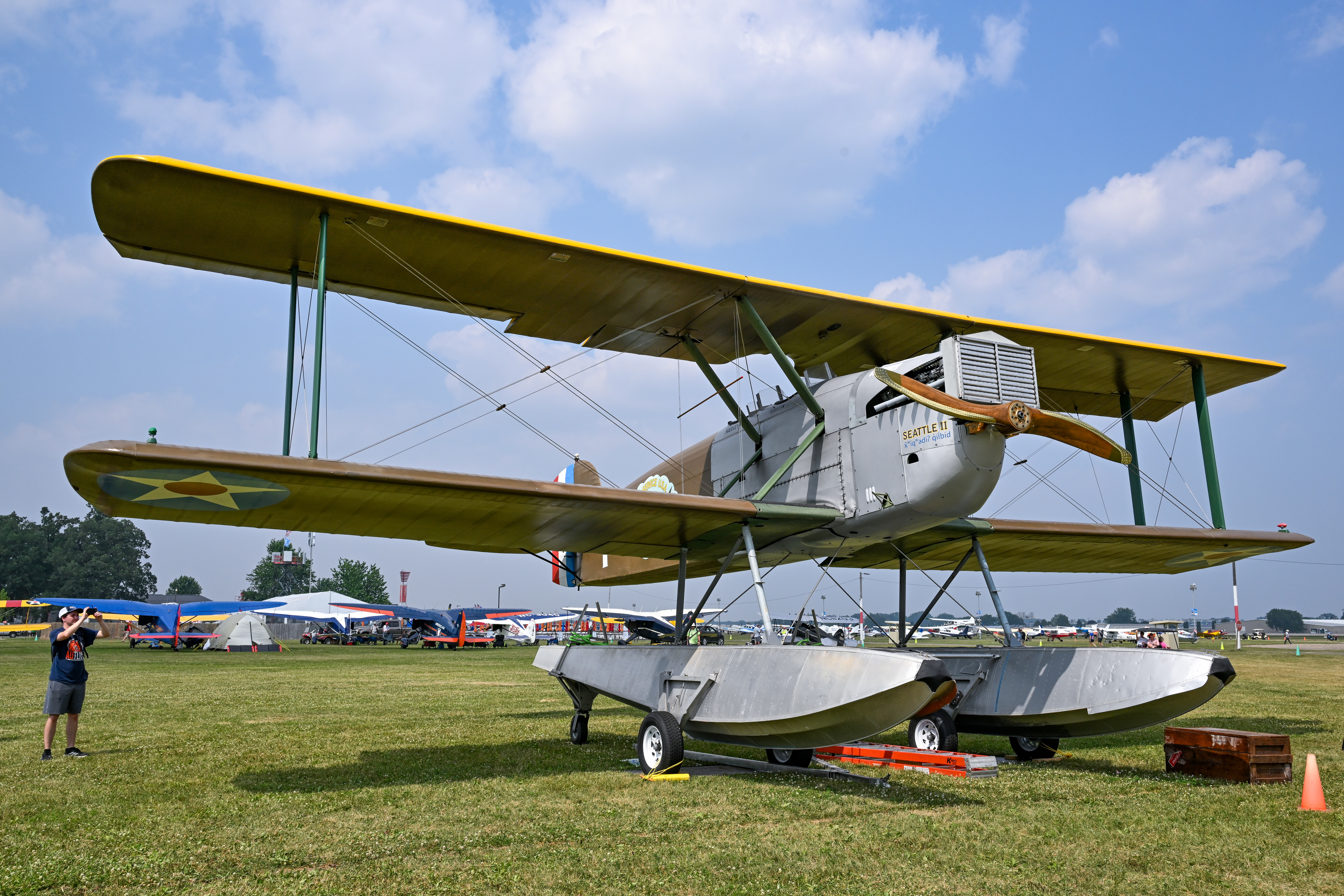 The "Seattle II" World Cruiser replica biplane is on display. The recreation is powered by a 400-horsepower Liberty V-12 engine and is on loan to the EAA Museum by builders Bob and Dianne Dempster. Photo by David Tulis.