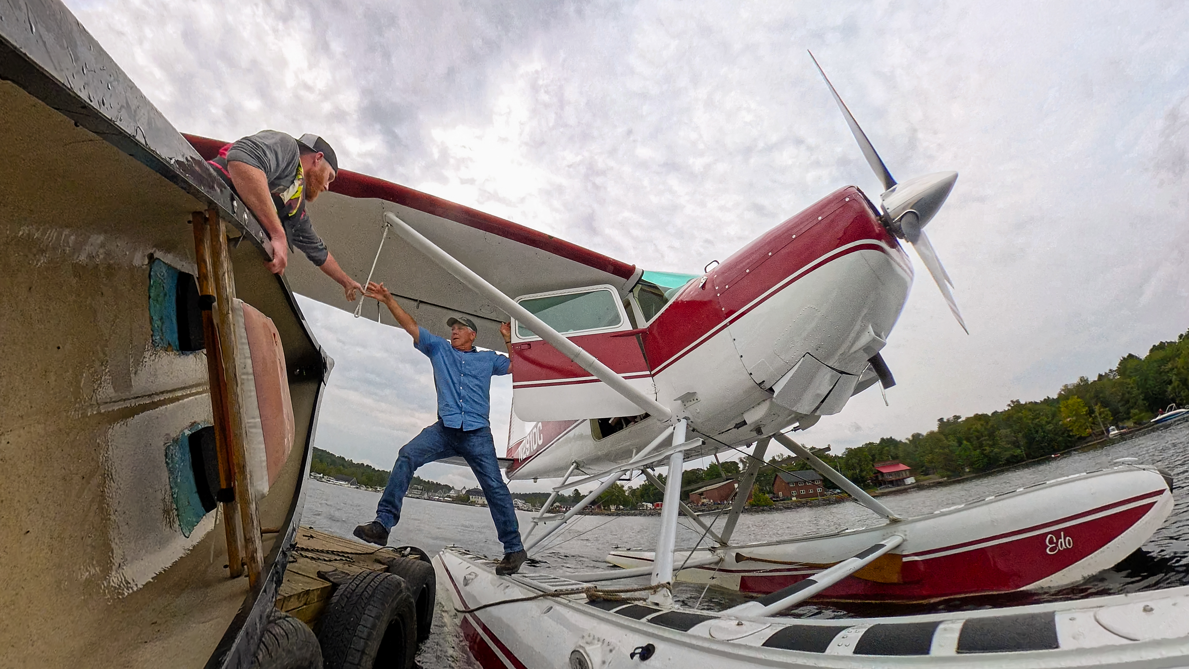 Dustin and Tommy Dunn, dock their l953 Cessna 180 floatplane on Moosehead Lake. Photo by David Tulis.