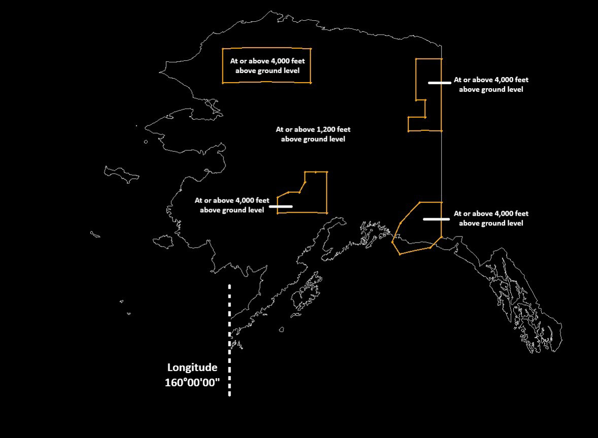 The FAA proposal to lower the floor of Class E airspace in Alaska to 1,200 feet above ground level would leave higher floors in areas indicated on this map. Image courtesy of the FAA.