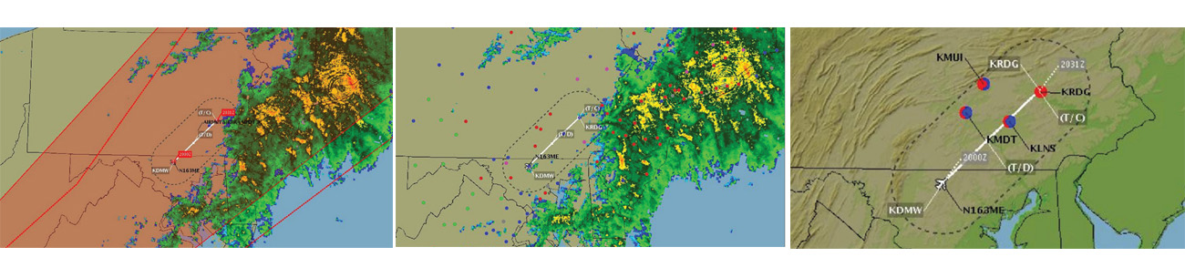 An online briefing from Leidos Flight Services (www.1800wxbrief.com) for a flight from Carroll County Regional Airport in Westminster, Maryland, to Reading Regional Airport in Pennsylvania includes adverse conditions (left), current weather (center), and forecasts (right). Adverse conditions include Airmet Sierra for IFR conditions, shown in red. Current weather includes aviation routine weather reports (METARs) at airports along the route, color-coded here based on ceiling and visibility: green for VFR, blue for marginal VFR, red for IFR, and pink for low IFR conditions. Terminal aerodrome forecasts (TAFs) along the route show IFR to marginal VFR conditions just before, at, and after the expected time of passing.