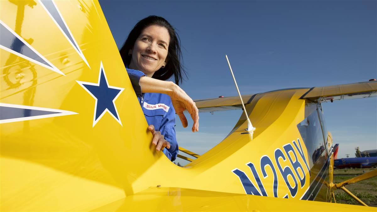 Cecilia Aragon Cecilia Aragon, Author, Pilot, Scientist. Photographed at Paine Field with an American Champion, Super Decathlon, in Everett, WA. 5/13/21.