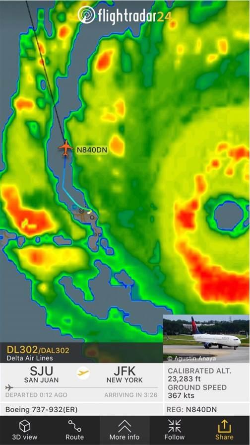 Proud of its teamwork, Delta posted this FlightRadar24 image of Flight 302’s departure on its News Hub website (http://news.delta.com/delta-team-flight-hurricane-zone-what-we-do).