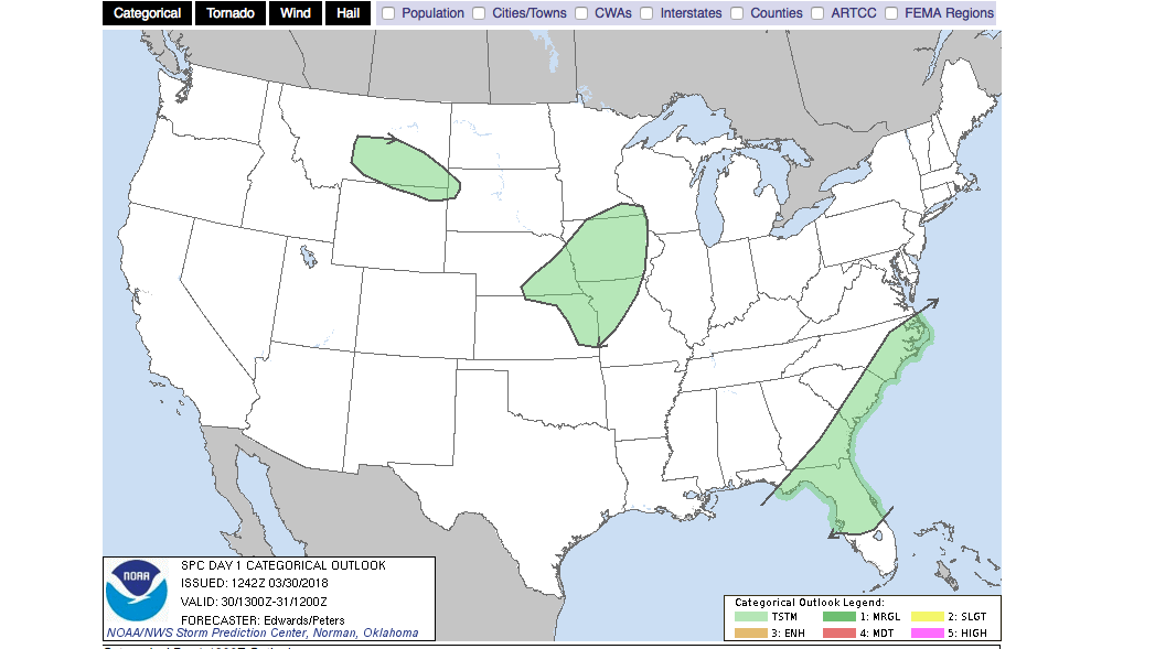 Convective outlooks come from the Storm Prediction Center and give you several days’ worth of anticipated areas of severe and “general” thunderstorms. The green areas on this chart show where general thunderstorms may occur. Severe thunderstorms are those with 50-knot or greater surface winds, one inch or larger-diameter hail, or tornadoes.