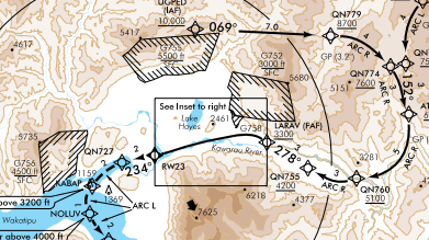 A section of the New Zealand Civil Aviation Authority approach plate shows the question mark approach.