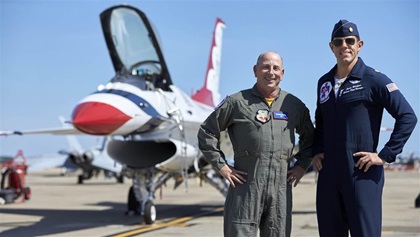 AOPA editor at large Dave Hirschman took one for the team, flying with U.S. Air Force Thunderbird pilot Maj. Jason Markzon (above, the taller of the two) in an F–16D around a North Carolina restricted area.