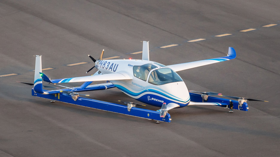 Aurora Flight Sciences/Boeing Pegasus PAV (Passenger Air Vehicle). Eight vertical rotors and one pusher propeller drive the 1,760-pound, 50-nautical-mile, two-passenger PAV to speeds as high as 97 knots. Flights of a full-scale prototype have been conducted at the company’s Manassas, Virginia, location, with one of them ending in an autoland with a hard landing. 