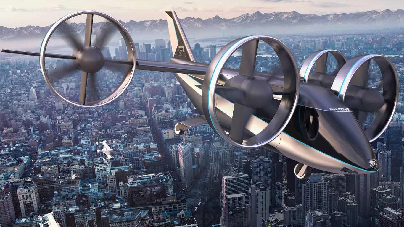 Bell Nexus 4EX. This latest design from Bell has four, eight-foot-diameter ducted fans; is electrically powered; and has a top speed of 130 knots, a 52-nautical mile range, and can carry up to five passengers. The previous design—the 6HX—had six rotors and hybrid power from both batteries and a Safran turbogenerator. Bell says flights of a demonstration vehicle have begun. bellflight.com 