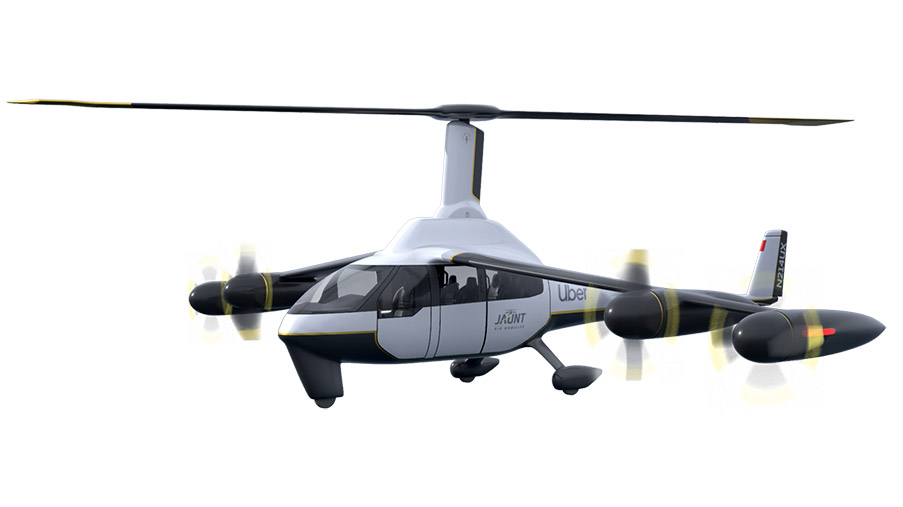 Jaunt ROSA. The ROSA (Reduced rotor Operating Speed Aircraft) is classified as a Gyrodyne, with a tilting pylon rotor and wing-mounted propellers. It can accommodate one pilot and four passengers and cruise at 152 knots. More than 100 hours of flight testing has been accomplished.   jauntairmobility.com