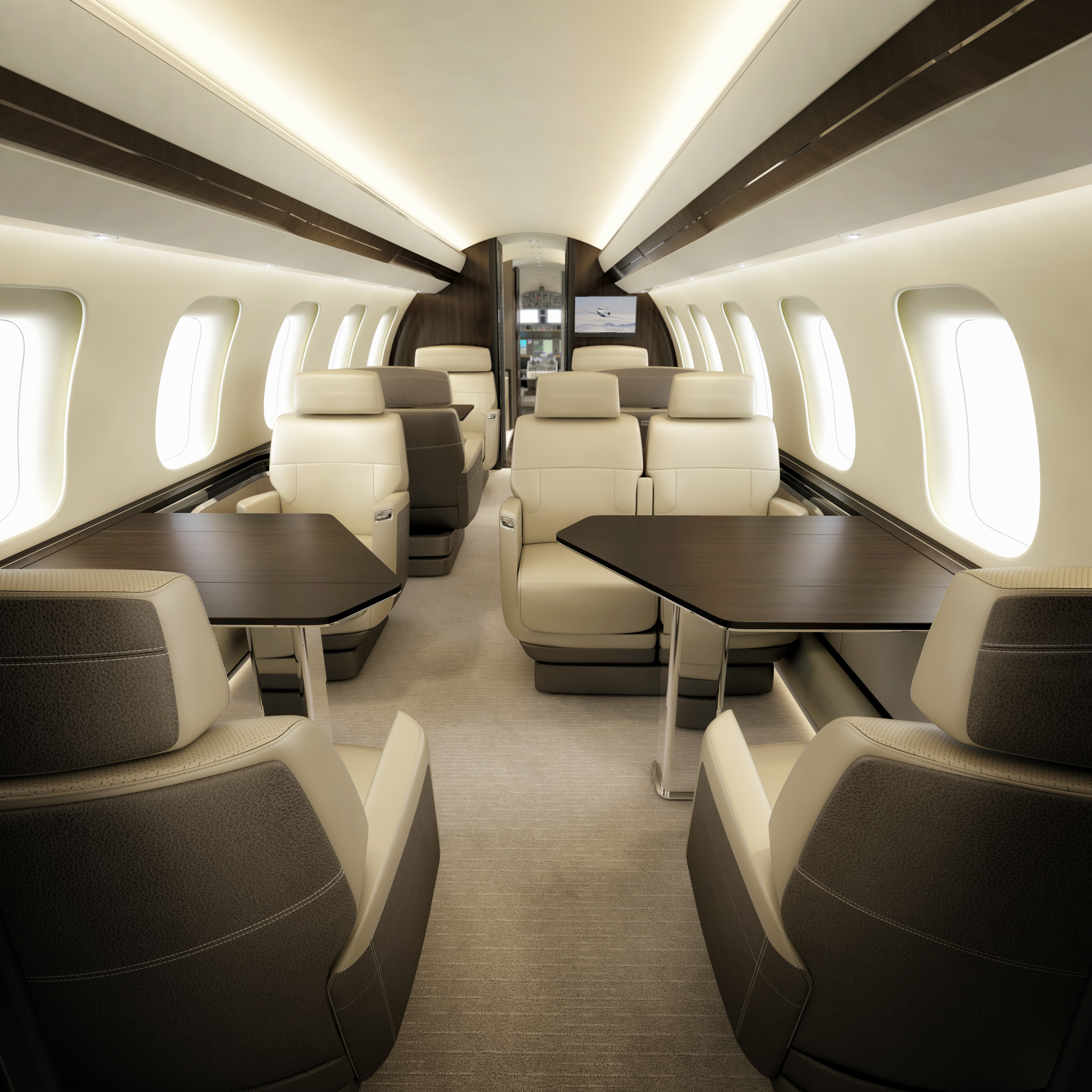 Business jet cabins can be divided into as many as five zones, and accommodate group seating or dining (Bombardier Global 7500).