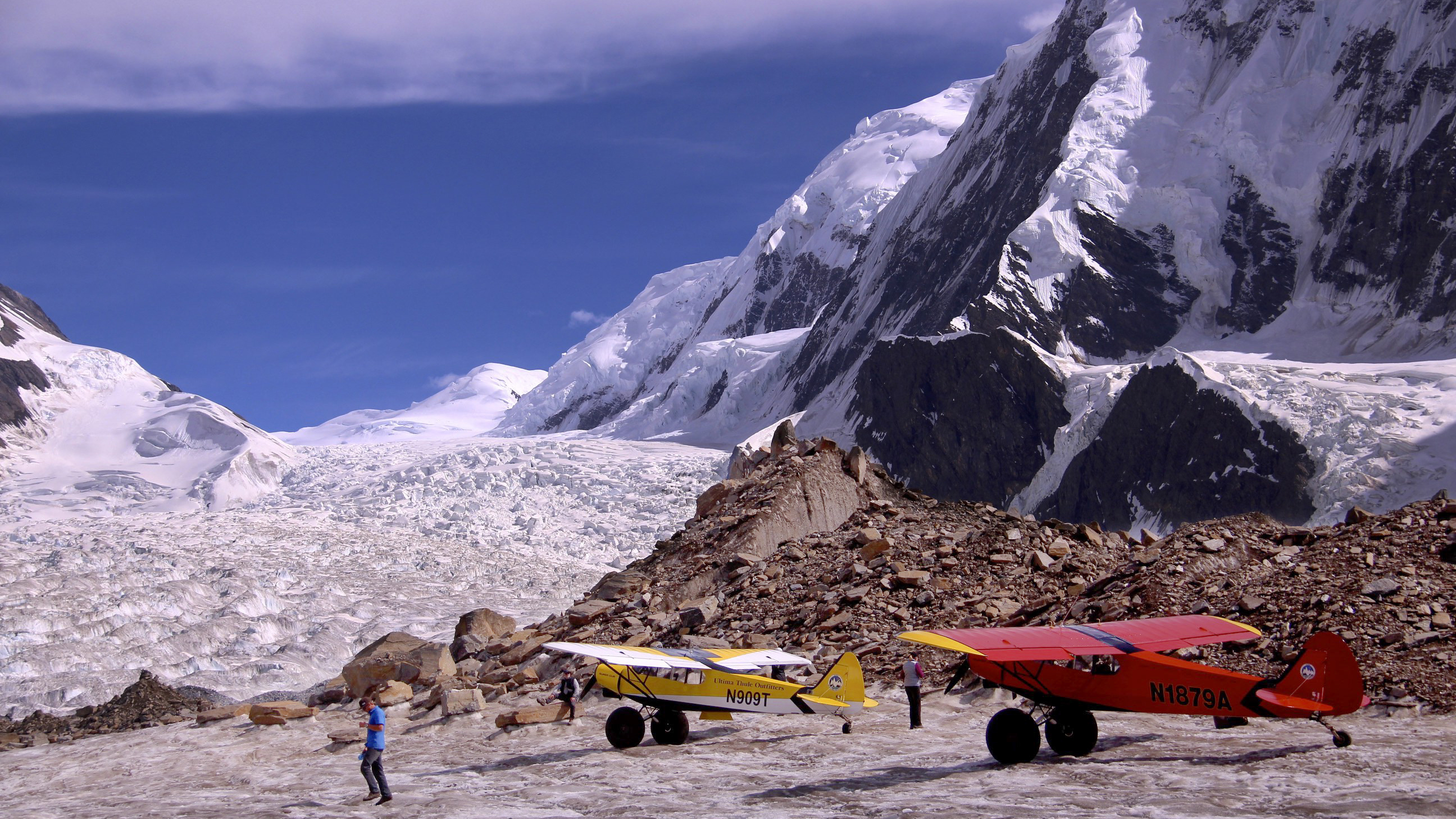 Upper Barnad Glacier, Wrangell Mountains: Bushwheels have made glacier landings possible for highly skilled pilots who enjoy exploring the glaciers in the summertime. This is Upper Barnard Glacier in the Wrangell Mountains. Paul Claus