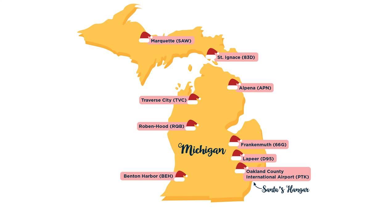 Some of the more than 30 airports around the state of Michigan that welcome the pilots of Operation Good Cheer.