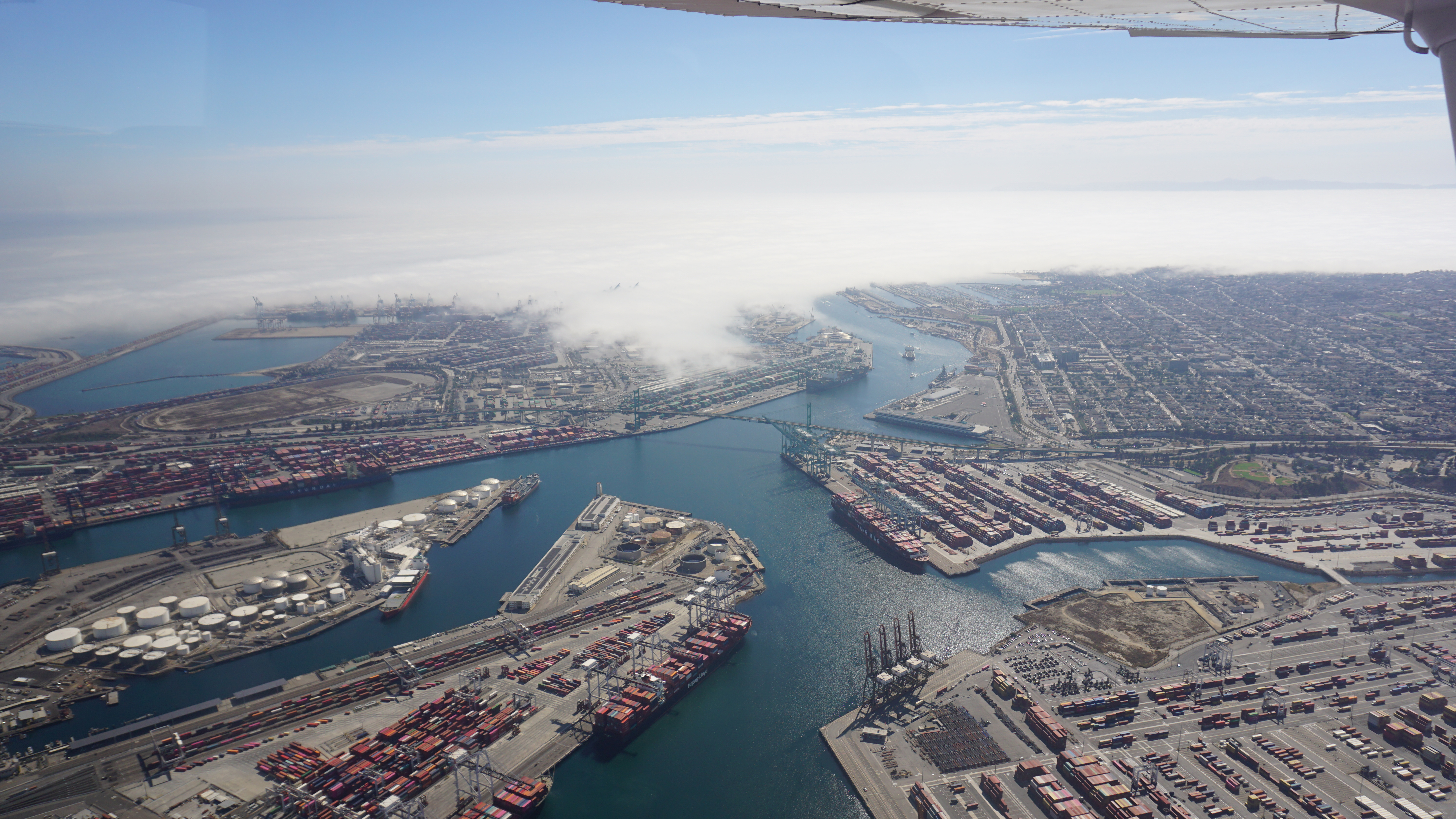 San Pedro's Vincent Thomas Bridge is almost perfectly lined up with final for runways 29L and 29R at Zamperini Field.