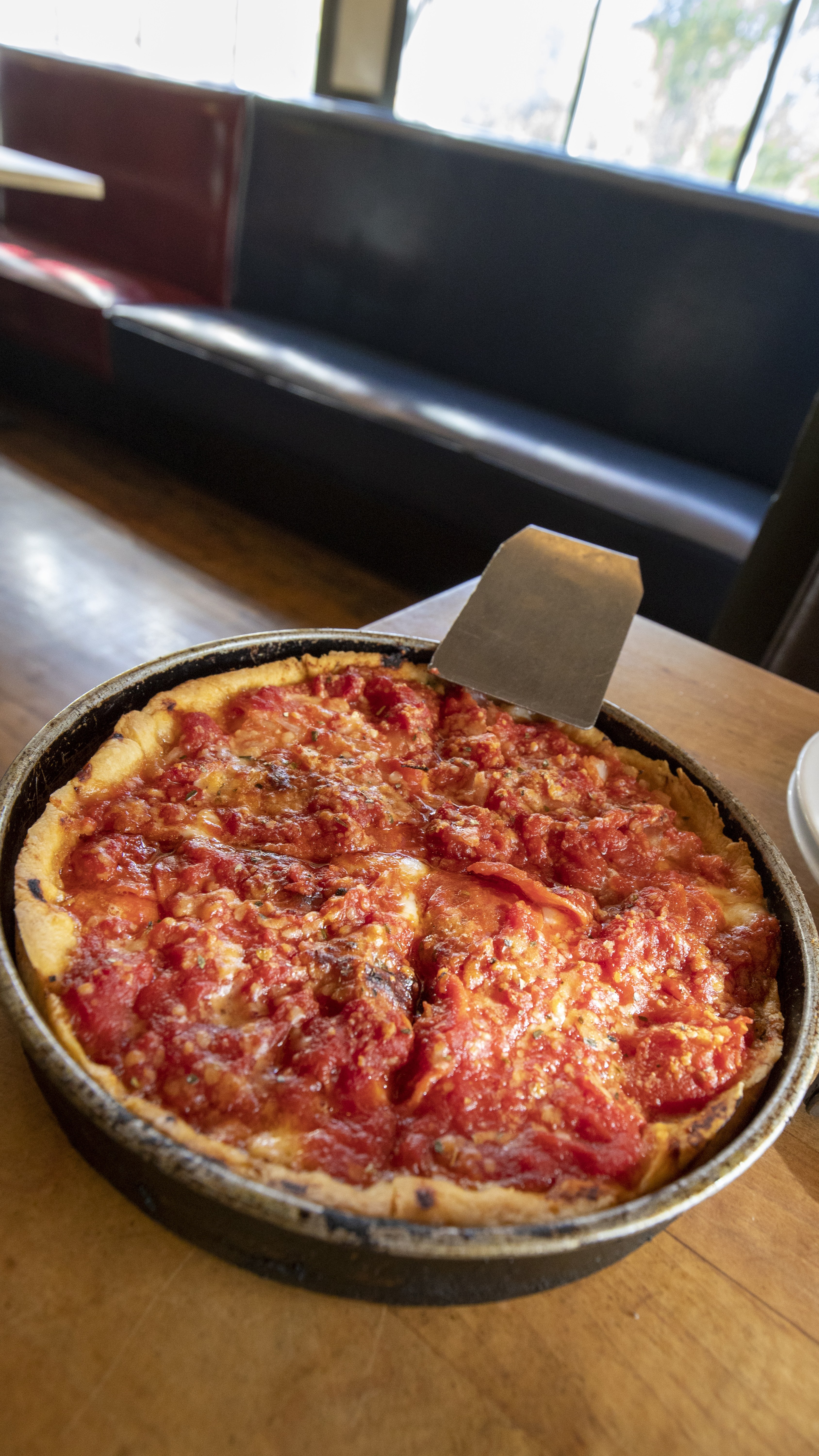 Chicago-style deep dish pizza fresh from Lou Malnati’s oven.
