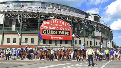 CHICAGO - MAY 29: Wrigley Field, home of the Chicago Cubs, is shown here on May 29, 2016. Fans are celebrating their 7-2 win against the Philadelphia  Phillies.