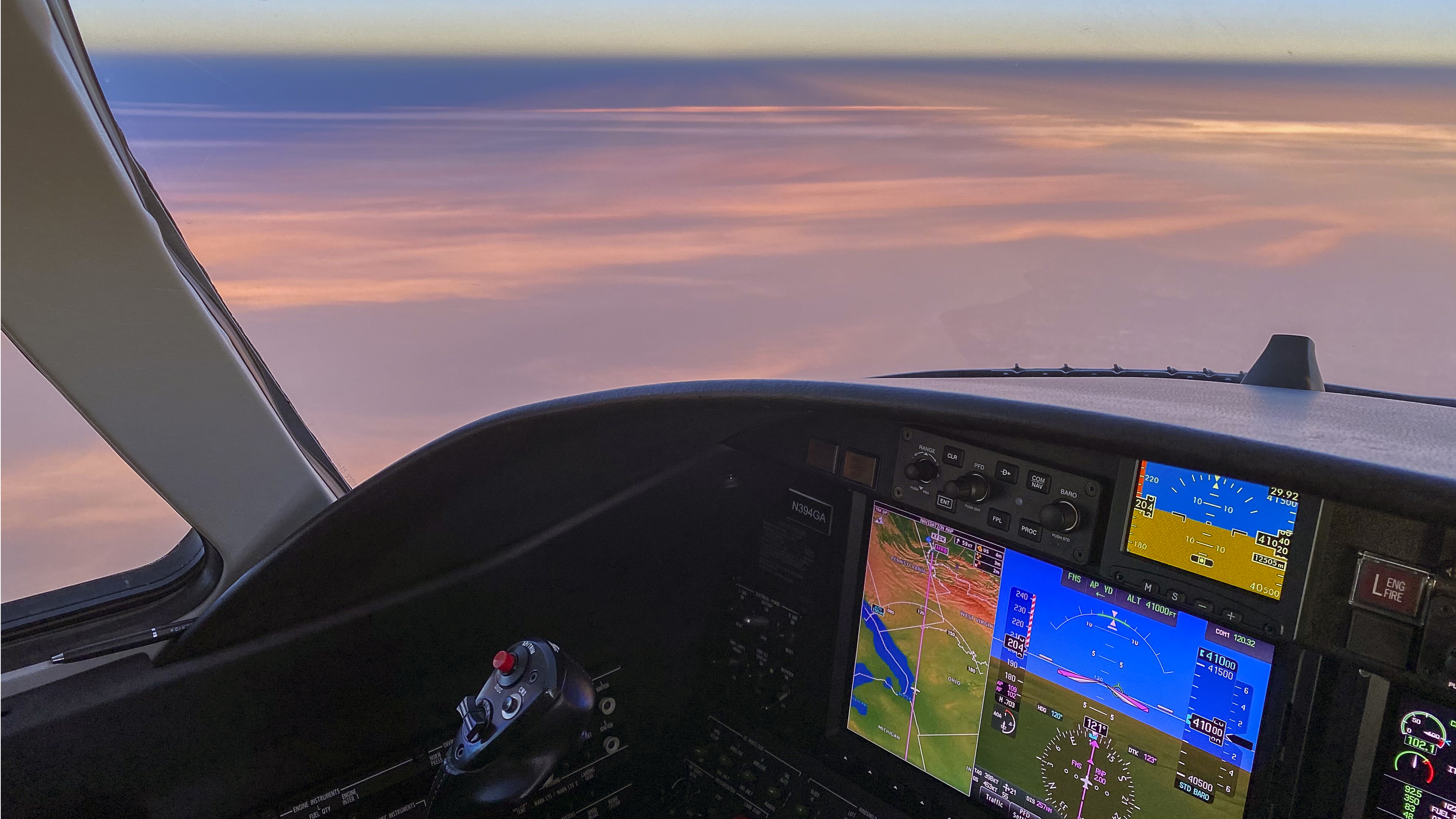 Riding a tailwind at sunset over Cleveland at 41,000 feet.
