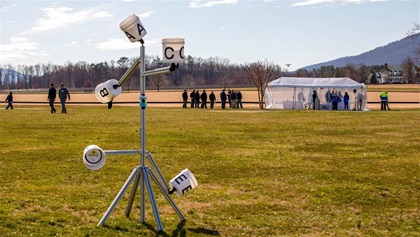 A little imagination and metalworking skills produced this artful variant of the NIST UAS test apparatus on display at the National Public Safety UAS Conference in Crozet, Virginia, in March 2020.