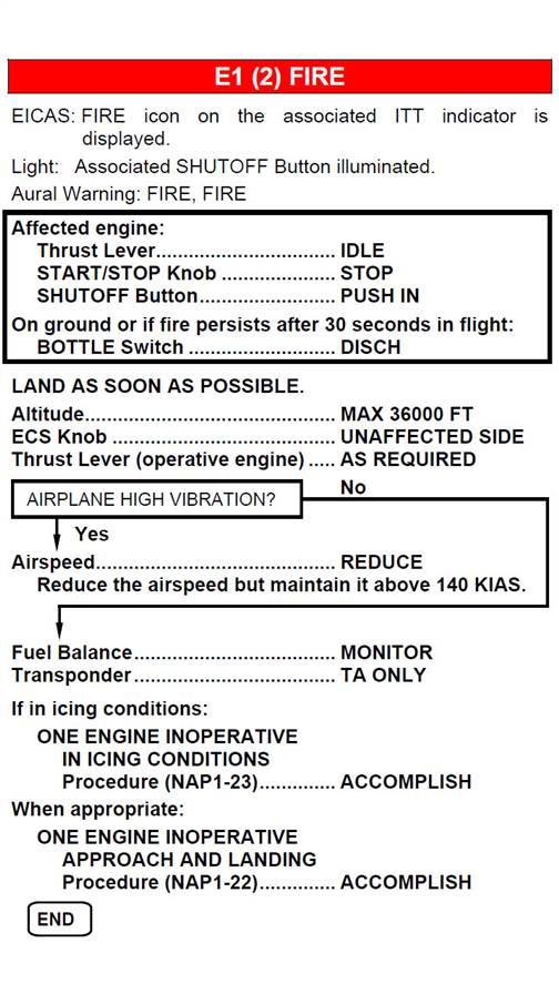 The Phenom 300 engine fire checklist. See the steps in the bold-lined box? Those are memory items—items you should know by heart. Forget them, and you and your examiner won’t be happy.