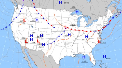 Surface analysis chart for 18Z on May 27, 2021. A center of low pressure is over Iowa, with a warm front extending to the east, and a cold front extending to the southwest. Tropical air coming from the “back side” of a high in the Gulf of Mexico runs into an outflow boundary ahead of the cold front, causing widespread vertical development and thunderstorms.