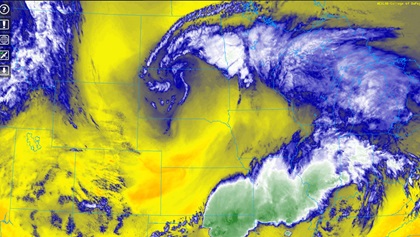 Water vapor imagery defines the vortex around the low-pressure area, and shows the driest air in yellow. The College of DuPage website shows water vapor imagery tuned to three different wavelengths—one each for high, mid-level, and low levels of the atmosphere. This gives the low-level view.