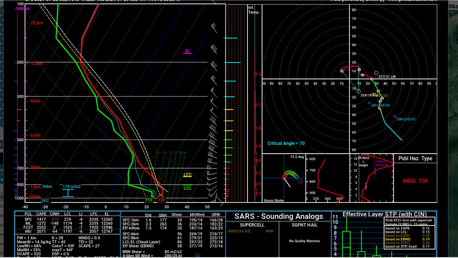 The “SHARPy” analysis above can be found on the Pivotal Weather website by clicking on a GFS model’s map. The Skew-T chart shows that warmer parcels (white dashed line) break through the temperature inversion—or “cap”—just above 850 mb/about 5,000 feet and rise into colder air. This is the LFC, or level of free convection. CAPE levels are high (see lower left box) and the hodograph at top right shows winds turning with altitude, so there’s a marginal tornado risk. This chart was captured during this year’s EAA AirVenture, when severe storms came to the Oshkosh, Wisconsin, area.