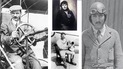 Pancho Barnes (center top), Bert Acosta (right), Wiley Post (center bottom), Glenn Curtiss (left). National Museum of the United States Air Force, courtesy of the Pancho Barnes Trust Estate Archive, NASA, Library of Congress