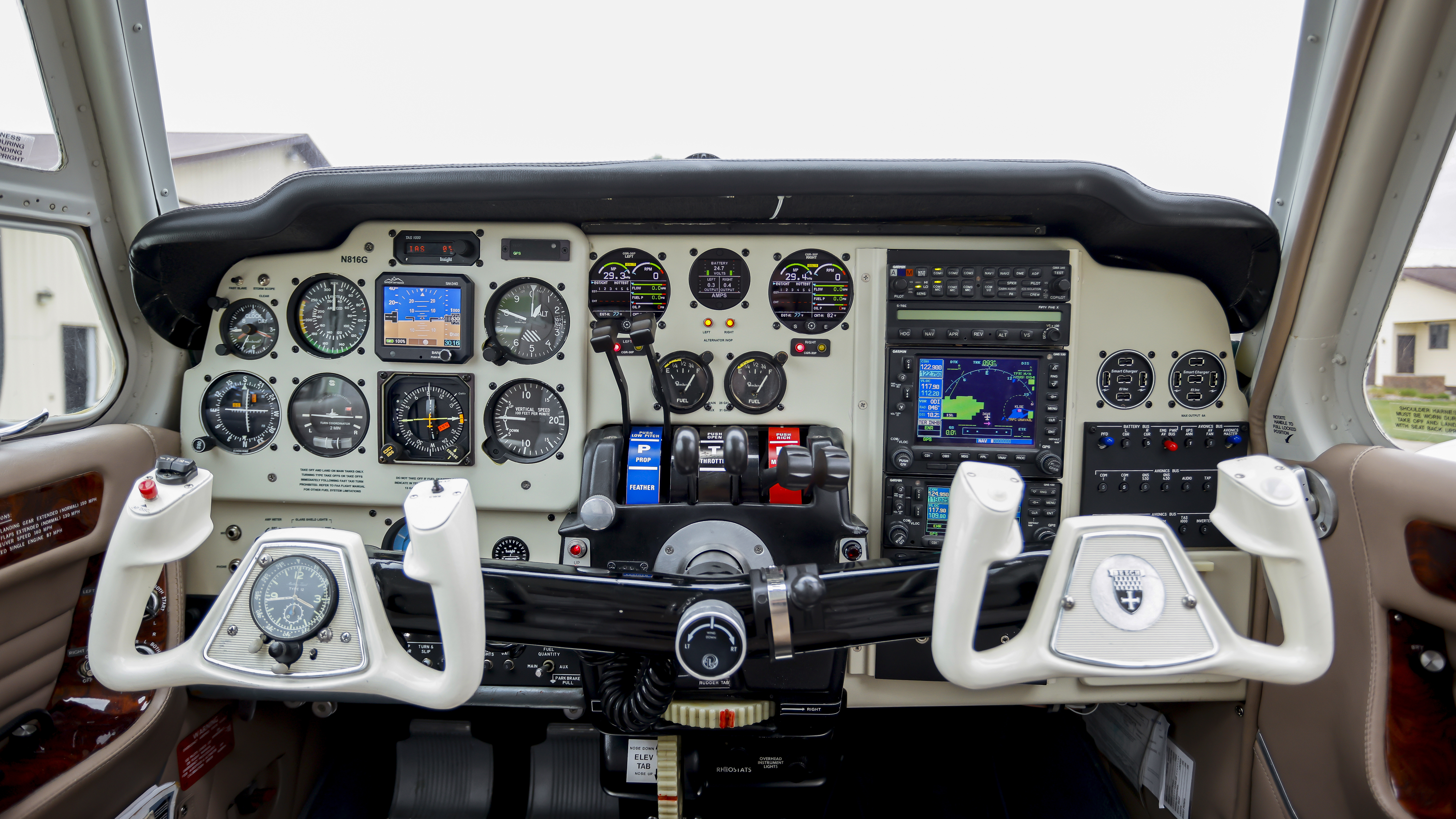 N816G’s instrument panel (above) is a mix of glass and steam gauges. Engine instruments are the Electronics International CGR-30P, which replace all of the original engine instruments and remove all of the fuel and oil lines from the cabin. A Garmin GNS530W/430 combo and S-Tec 55X autopilot provide plenty of capability.