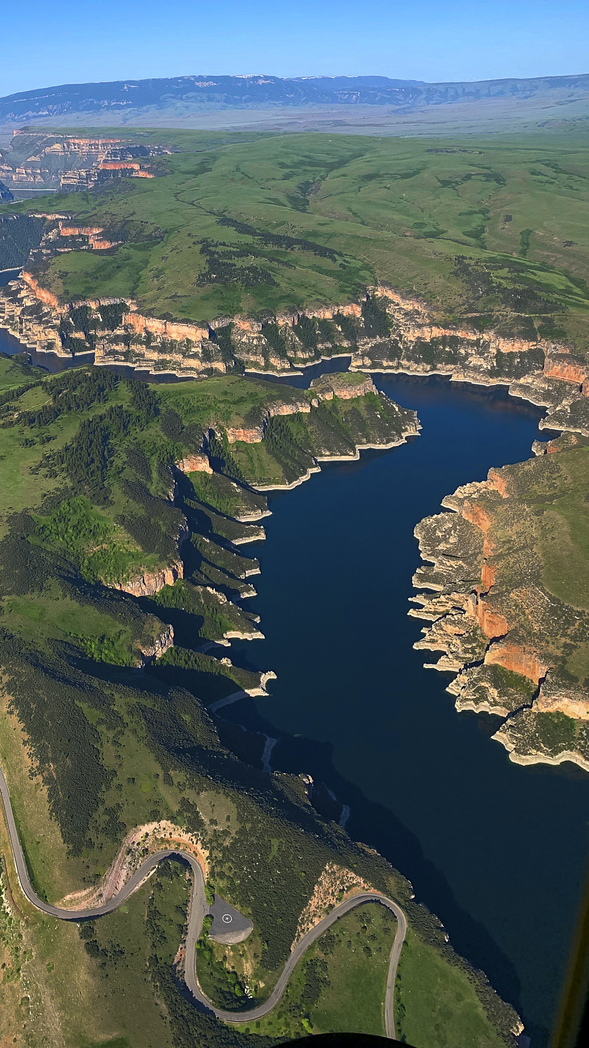 The winding Bighorn Canyon on a crystal-clear day.