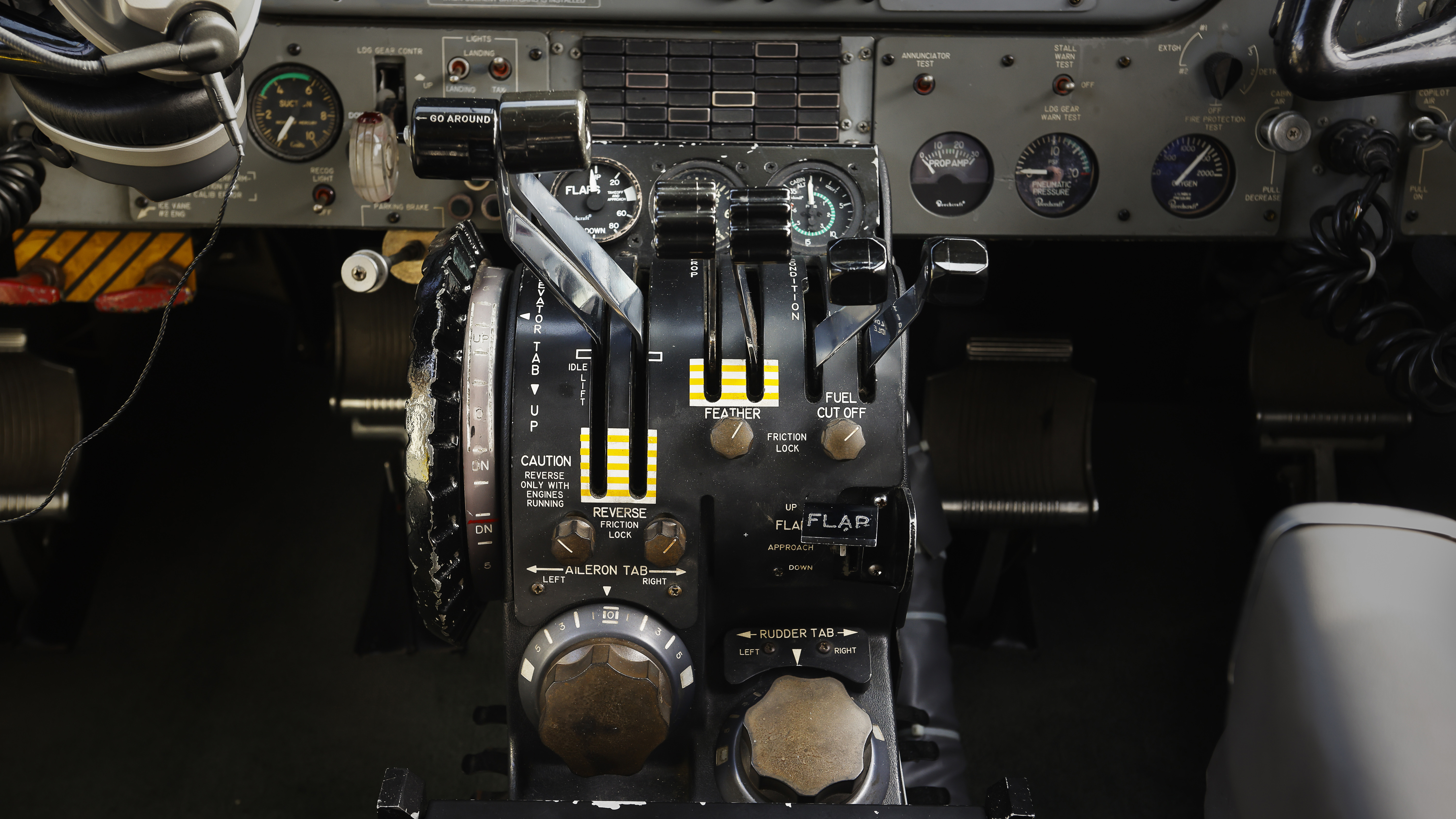 It’s a workhorse, not a showboat, as the worn, vintage power quadrant and instrument panel attest.