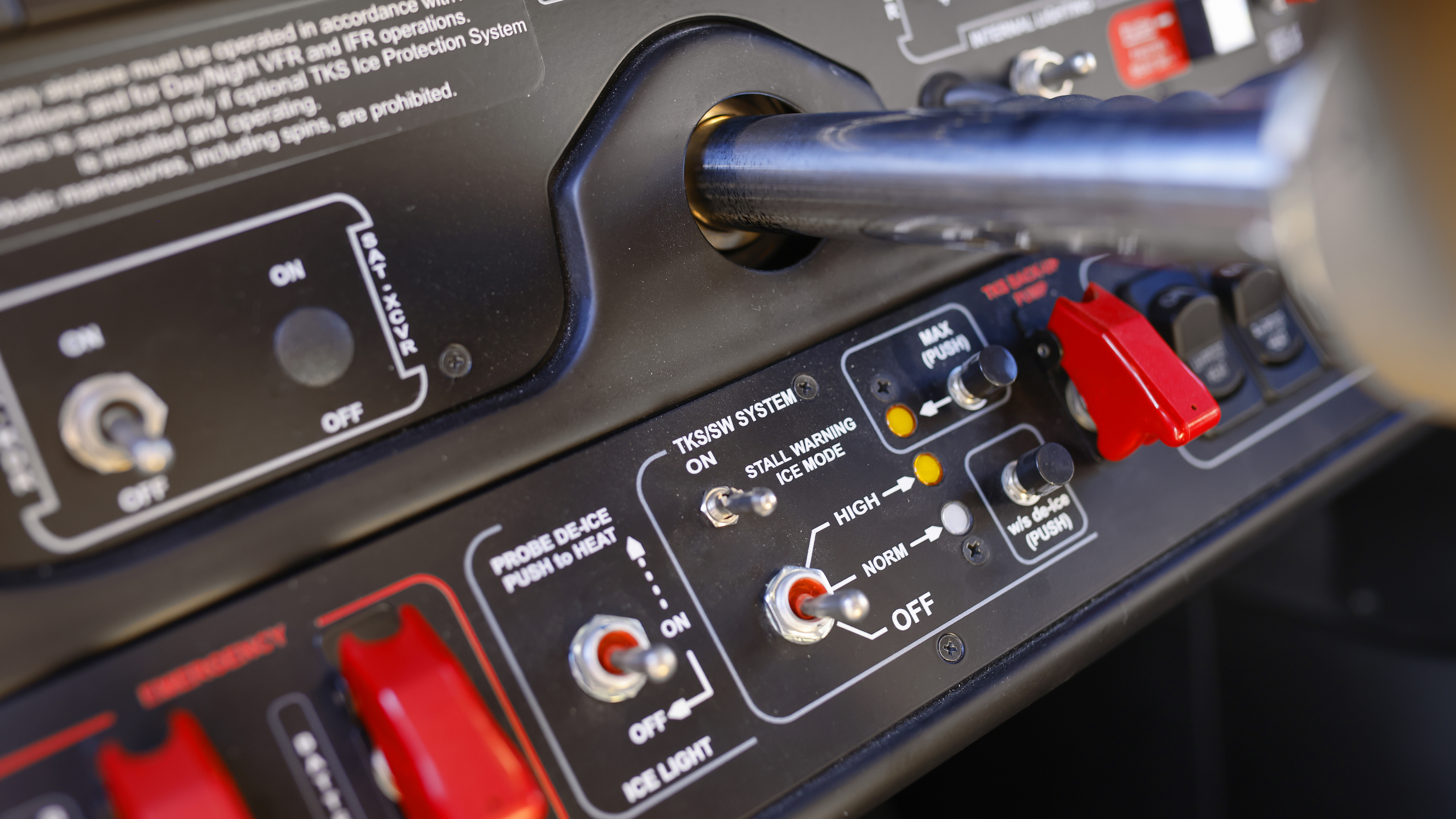 TKS ice protection controls include a high-flow function, plus windshield spray ports and an ice light for observing ice accretions at night. Pitot probes are electrically heated.