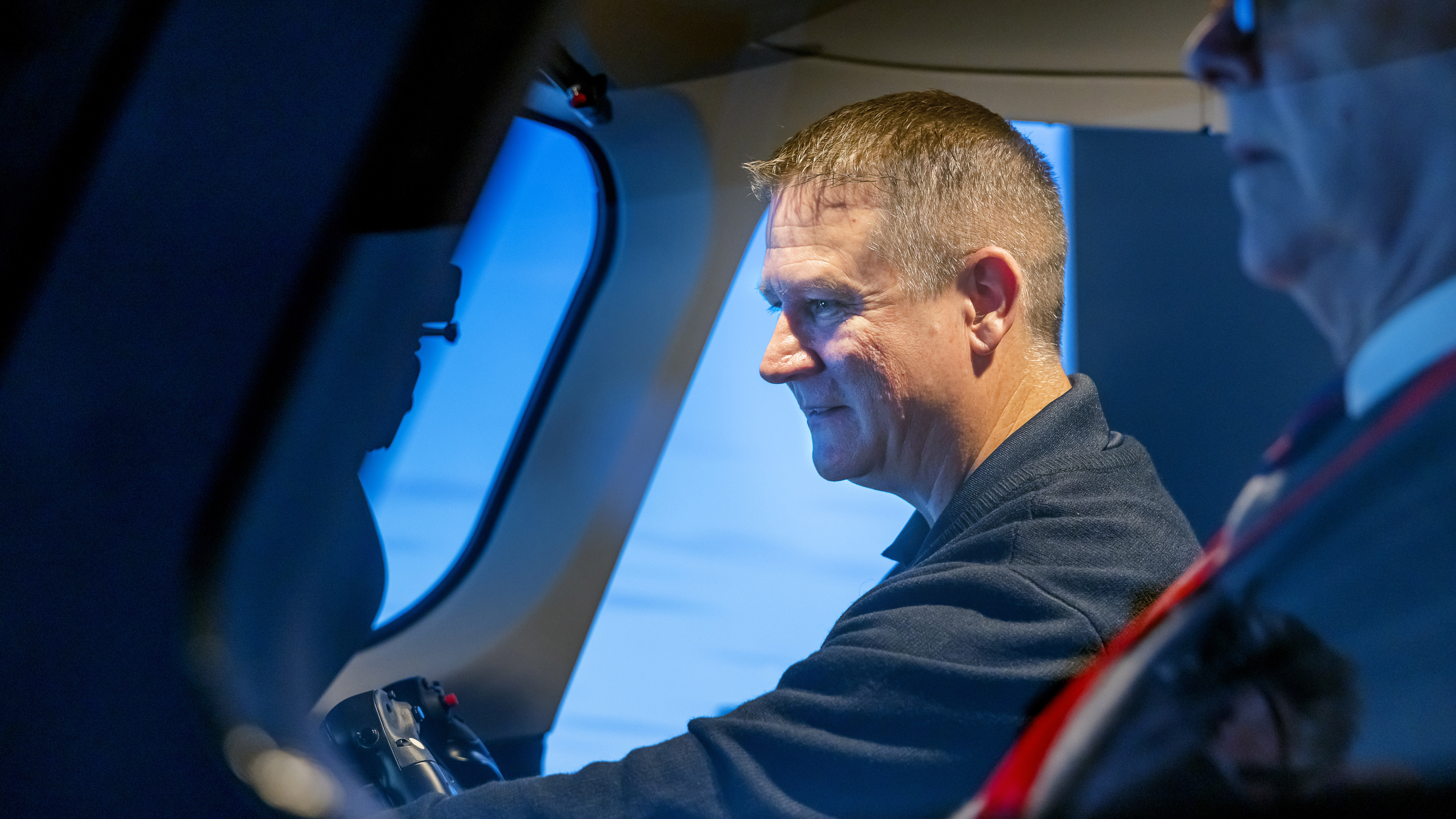 Engineering flight test pilot Todd Dafforn flies right seat in the iron bird, but his primary job is flying the SkyCourier flight test airplanes.