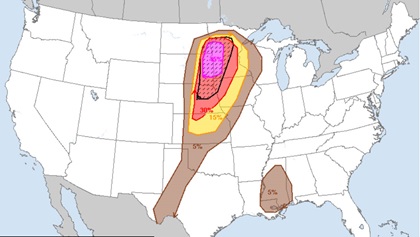 May 12, 2022. SPC Convective Outlooks also deal in probabilities. Here we see that the probability of significant surface winds (encircled with black line) reaches a 45-percent chance of happening in western Minnesota/eastern North and South Dakota.