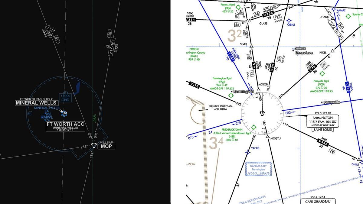 Navaid boxes on Jeppesen (left) and FAA (right) low-altitude en route charts show FSS frequencies. The 122.1R note on the FAA chart’s Farmington VOR indicates that you can transmit on that frequency and listen on the VOR frequency.