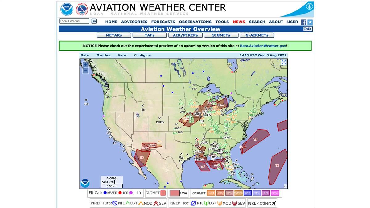 The current Aviation Weather Center website has drop-down menus and buttons across the top and bottom of its home page, plus a central map insert.