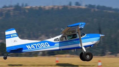 Flying in his Cessna 185, John Stene, of Polson, Montana, participates in a short takeoff and landing demonstration during the AOPA Hangout.