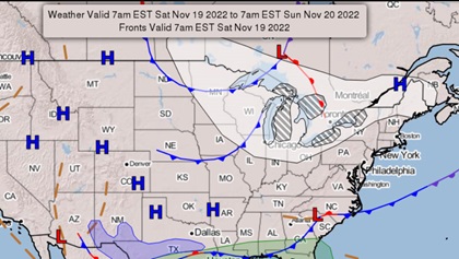 This surface analysis chart identifies areas of lake-effect snow with white and gray stripes. Lake-effect snows are mainly caused by synoptic features, like the low pressure systems to the north and northwest. When cold fronts pass over the warmer water of the Great Lakes, the conditions are right for lake-effect snows.