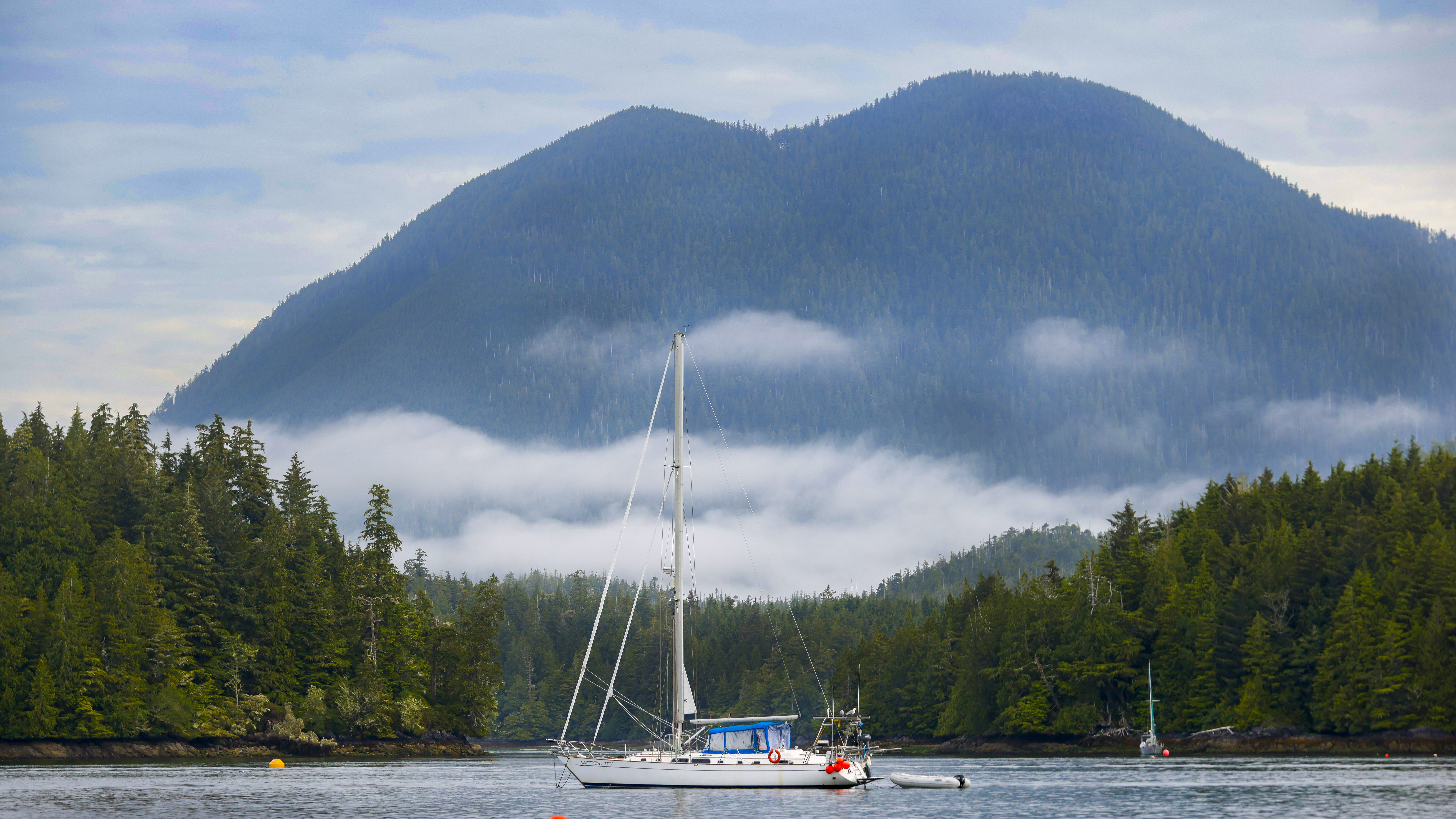 Meares Island towers over the Tofino Inlet where many people live adventurously in houseboats, on remote islands, and on their sailboats.