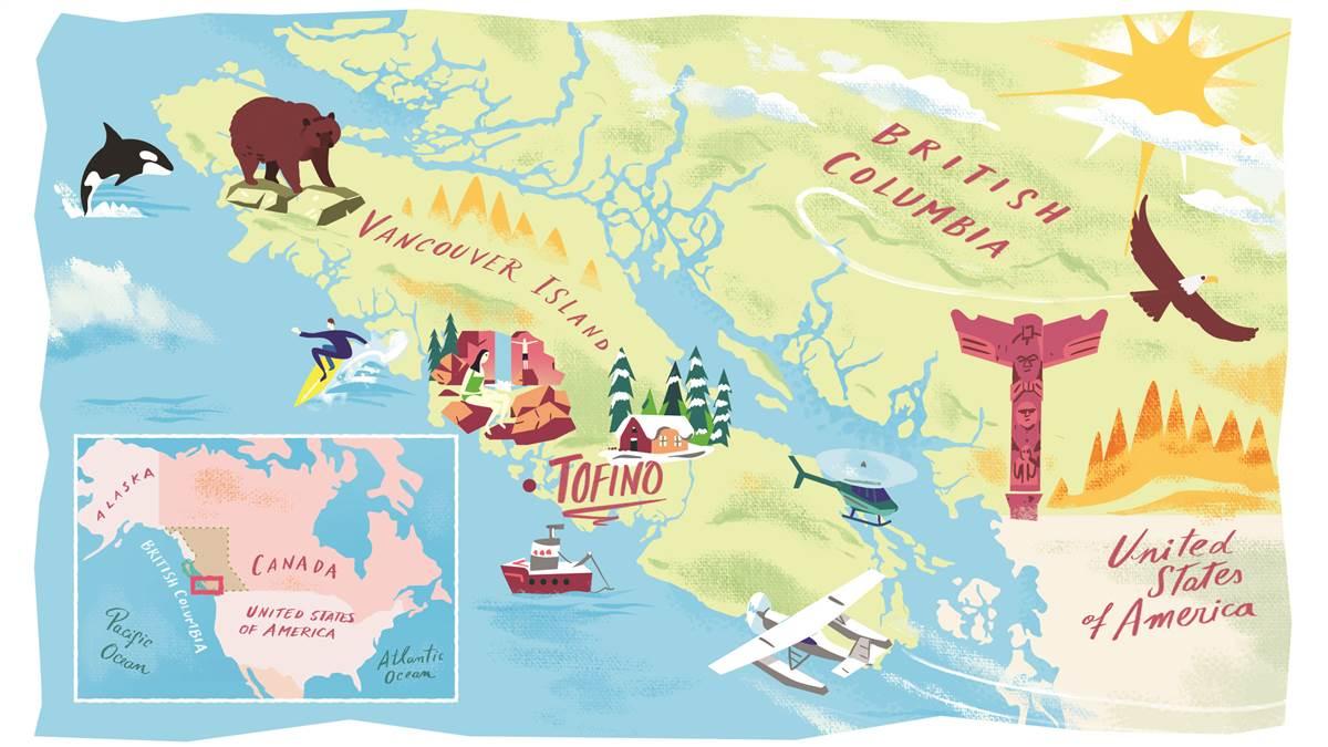 Remote Tofino on the west coast of Vancouver Island offers fantastic surfing beaches, many sea creatures and wildlife, and is best seen from the air. It is a First Nations home of the Nuu-chah-nulth Indigenous people and the area celebrates its heritage. (Wonderful World of Maps)