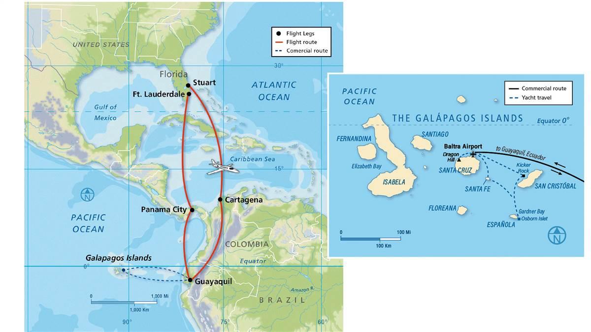 The tour group flew their own airplanes from Florida to Ecuador and back. An airline flight then took them from mainland Ecuador to the Galapagos and back. (Map by Baker Vail)