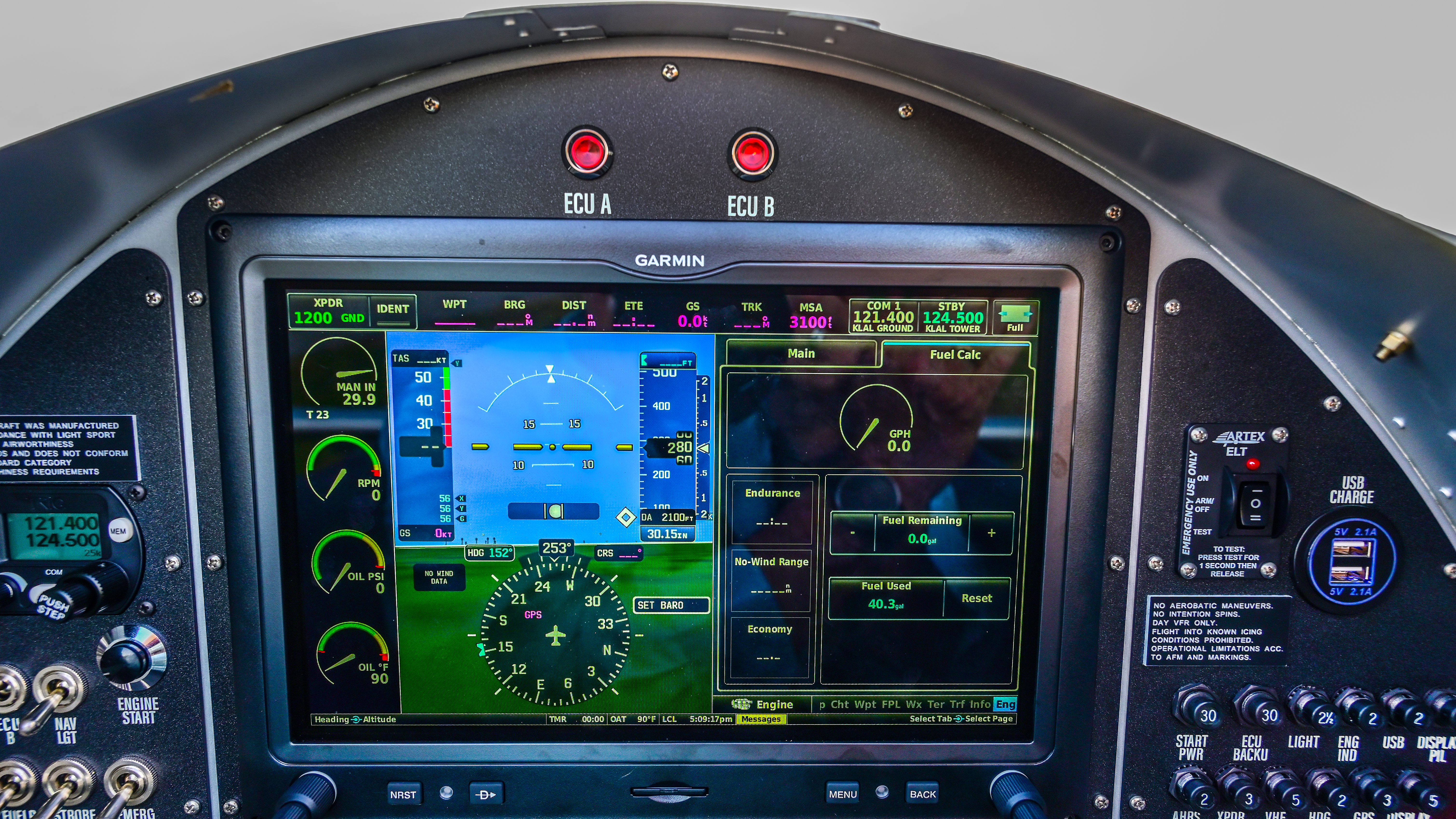 The Garmin G3X gives the A50 a modern look; engine control unit A and B warning lights tell if an ignition channel fails.