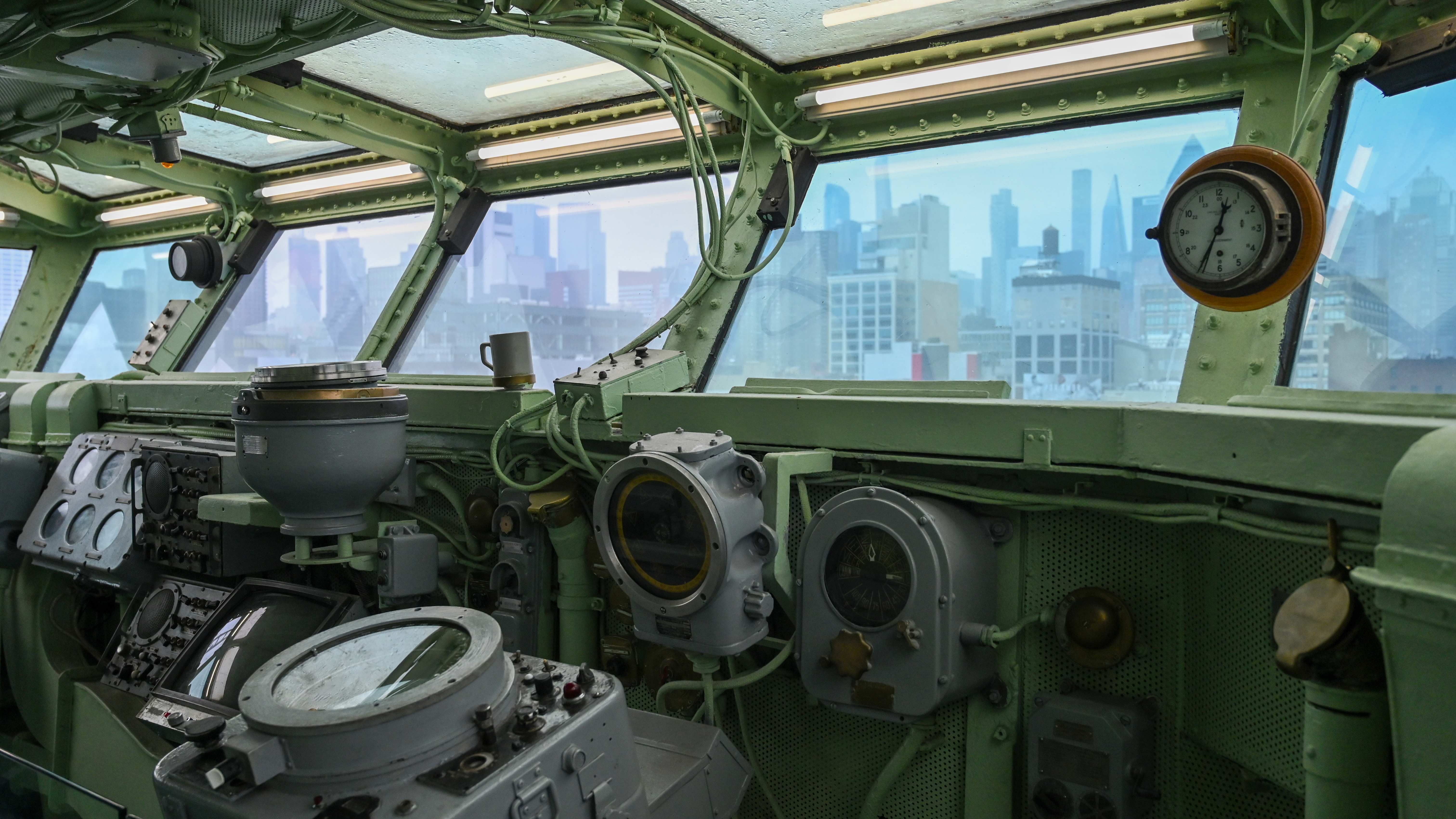The bridge of the USS Intrepid now looks out over the Manhattan skyline.
