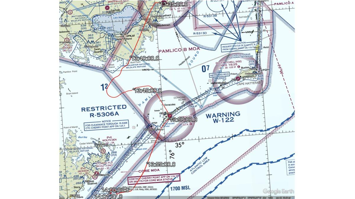 A flight track diagram from the NTSB docket shows the flight straying into restricted airspace as the pilot struggled to program the avionics, and then its erratic flight path in the final minutes of the flight.