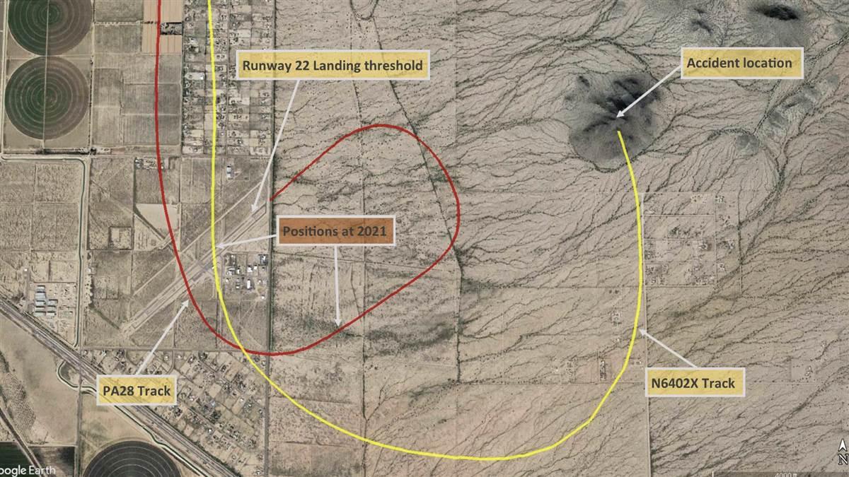 These two figures from the NTSB’s final report show the flight paths of the Piper and the accident airplane as they entered the pattern at Ak-Chin Regional Airport (A39).