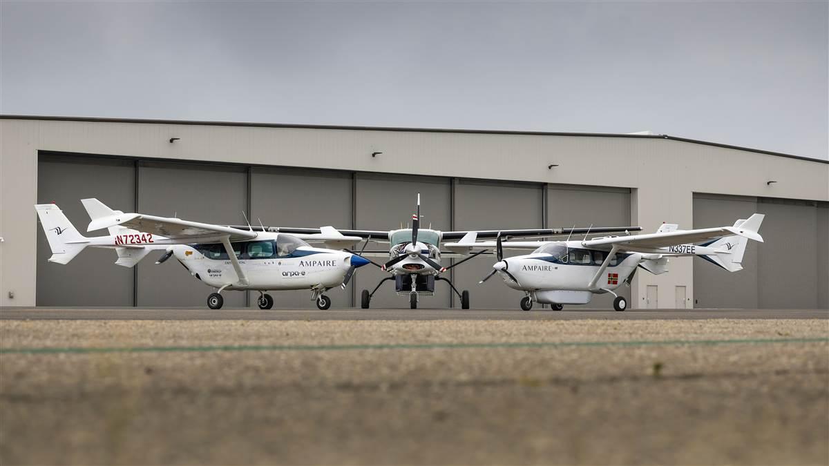 Ampaire's fleet consists of two Skymasters and its Eco Caravan. The Skymasters have one electric motor and one traditional engine. The Eco Caravan, however, uses a parallel system in its powerplant that is reflective of what Ampaire will bring to market with the AmpDrive H570. Photography by Chris Rose. Ampaire's fleet consists of two Skymasters and its Eco Caravan. The Skymasters have one electric motor and one traditional engine. The Eco Caravan, however, uses a parallel system in its powerplant that is reflective of what Ampaire will bring to market with the AmpDrive H570. Photography by Chris Rose.