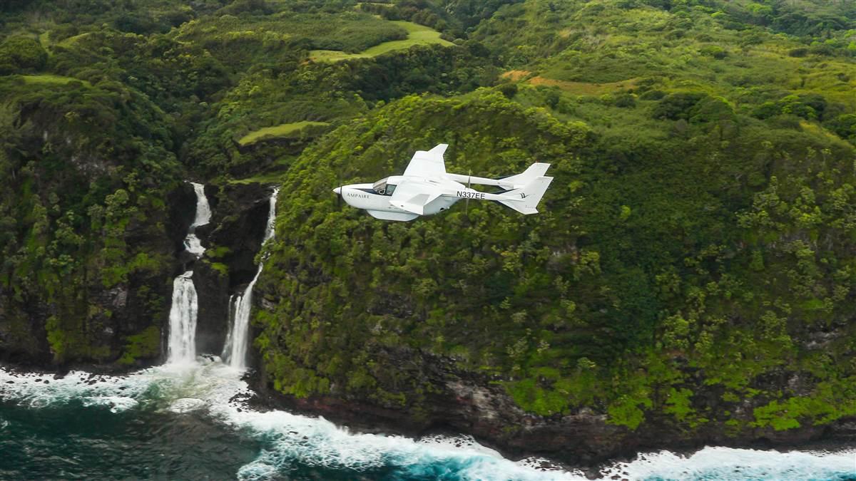 "We were flying from Hana to Kahului and back because it's like a mail service route so we're trying to show that we can do a commercial service over a mail service route," says test pilot Justin Gillen. "Flying back and forth, you know, twice a day for seven weeks was pretty amazing, just the way that all that changed every day and you see a rainbow every day and the rainbow looks different every day." Photography courtesy of Ampaire. "We were flying from Hana to Kahului and back because it's like a mail service route so we're trying to show that we can do a commercial service over a mail service route," says test pilot Justin Gillen. "Flying back and forth, you know, twice a day for seven weeks was pretty amazing, just the way that all that changed every day and you see a rainbow every day and the rainbow looks different every day." Photography courtesy of Ampaire.
